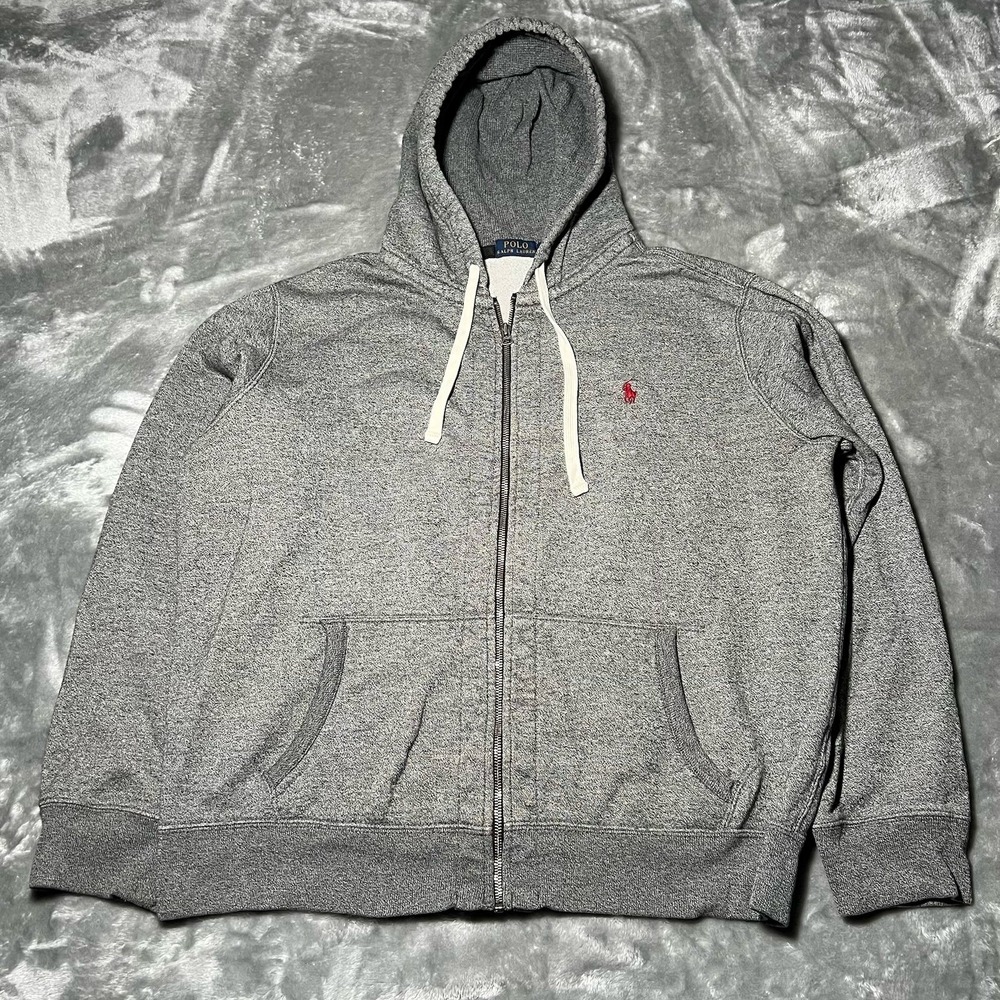 Polo Ralph Lauren Hoodie Men Size XL Grey  Zip Up Crop Fit Boxy Fit